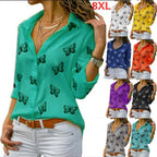 Damen nan lockere Longbluse mit Schmetterlingsprint und Hemdkragen R&B
