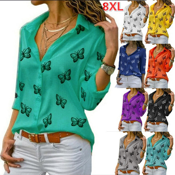 Damen nan lockere Longbluse mit Schmetterlingsprint und Hemdkragen R&B