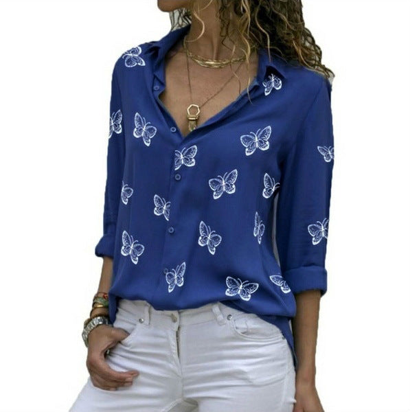 Damen nan lockere Longbluse mit Schmetterlingsprint und Hemdkragen R&B