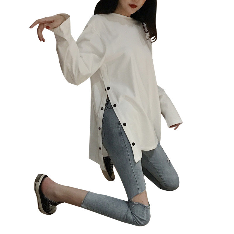 Damen Langarmshirt mit asymmetrischem Schnitt und dekorativen Knöpfen