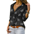 Damen nan lockere Longbluse mit Schmetterlingsprint und Hemdkragen R&B