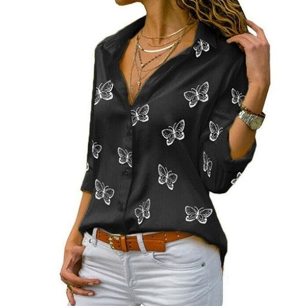 Damen nan lockere Longbluse mit Schmetterlingsprint und Hemdkragen R&B