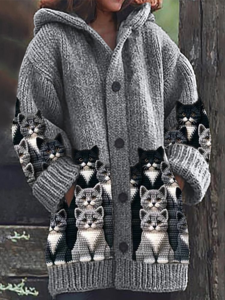 R&B | Gemütlicher Gestrickter Katze Druck Cardigan