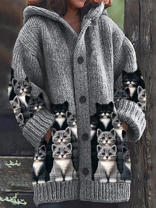 R&B | Gemütlicher Gestrickter Katze Druck Cardigan