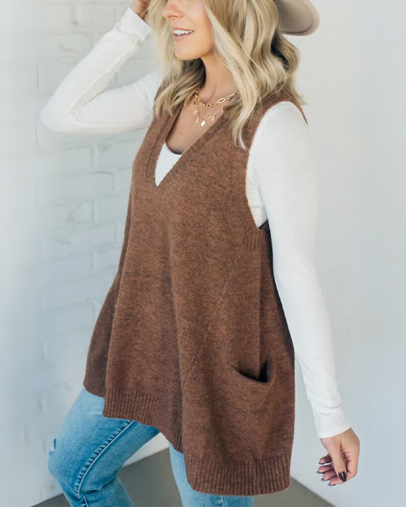 R&B | Strickweste mit Taschen Tiefer V-ausschnitt Lässig und Warm