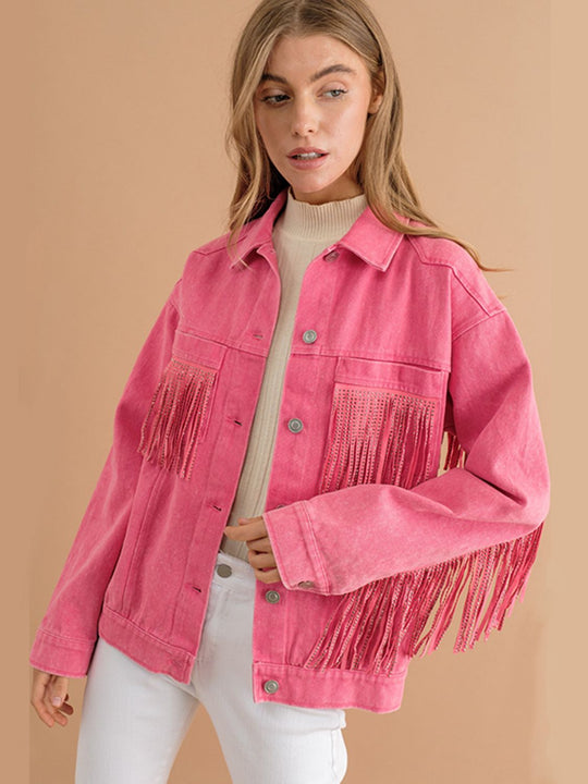 R&B | Fransen-Detail Gefallene Schulter Denimjacke