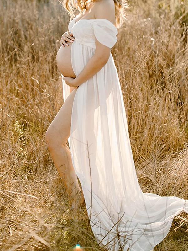 EB Umstands-Chaps, elegante, schicke, seitlich geschlitzte Spitze, Bandeau-Maxi-Fotoshooting-Kleider