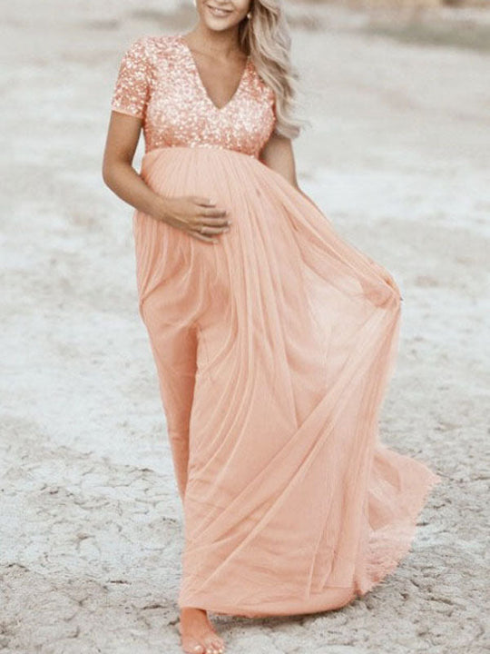R&B Schwangerschafts-Chaps Maxi-Fotoshooting-Kleider, elegante Pailletten, Tüll, Rosa, Babyparty