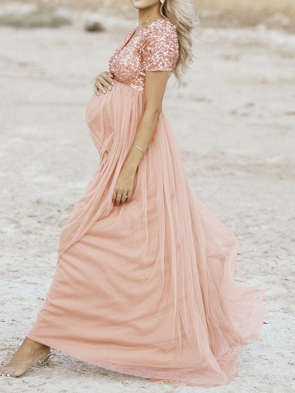 R&B Schwangerschafts-Chaps Maxi-Fotoshooting-Kleider, elegante Pailletten, Tüll, Rosa, Babyparty