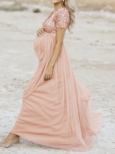 R&B Schwangerschafts-Chaps Maxi-Fotoshooting-Kleider, elegante Pailletten, Tüll, Rosa, Babyparty