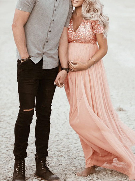 R&B Schwangerschafts-Chaps Maxi-Fotoshooting-Kleider, elegante Pailletten, Tüll, Rosa, Babyparty