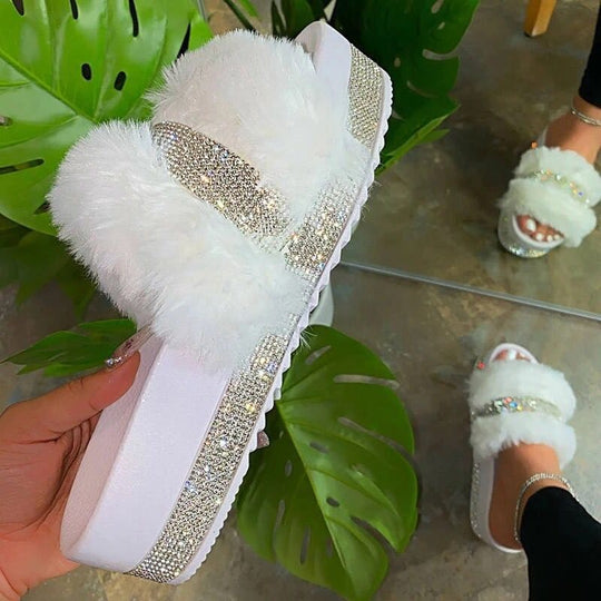 Damen luxuriöse Hausschuh-Sandalen mit funkelnden Strasssteinen und weichem Kunstfell R&B