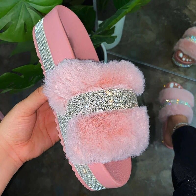 Damen luxuriöse Hausschuh-Sandalen mit funkelnden Strasssteinen und weichem Kunstfell R&B