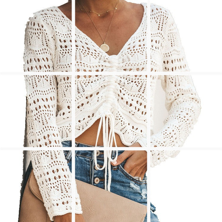 Damen luftige Strickjacke mit raffiniertem Lochmuster und Kordelzug R&B