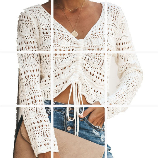 Damen luftige Strickjacke mit raffiniertem Lochmuster und Kordelzug R&B