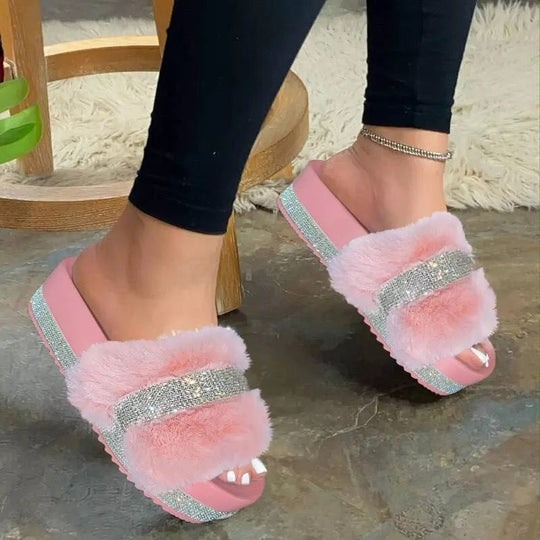 Damen nan flauschige Plateau-Pantolette mit Kunstfell und Strassbesatz R&B