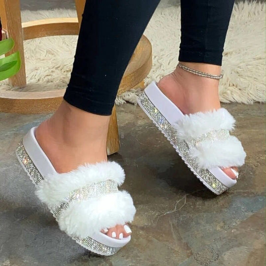 Damen luxuriöse Hausschuh-Sandalen mit funkelnden Strasssteinen und weichem Kunstfell R&B