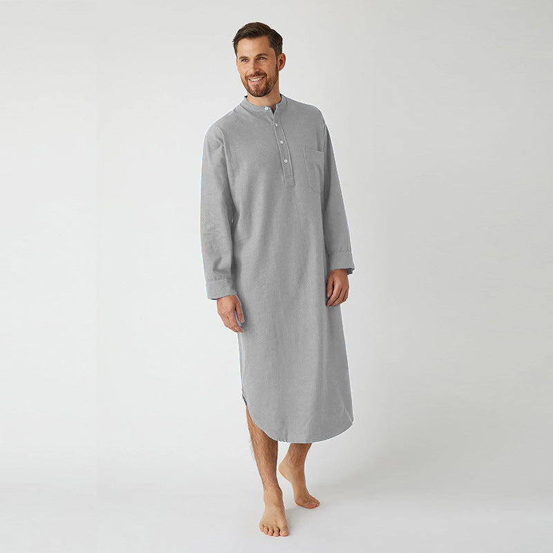 Herren nan langes weites Hemd mit Stehkragen Brusttasche und geschwungenem Saum R&B
