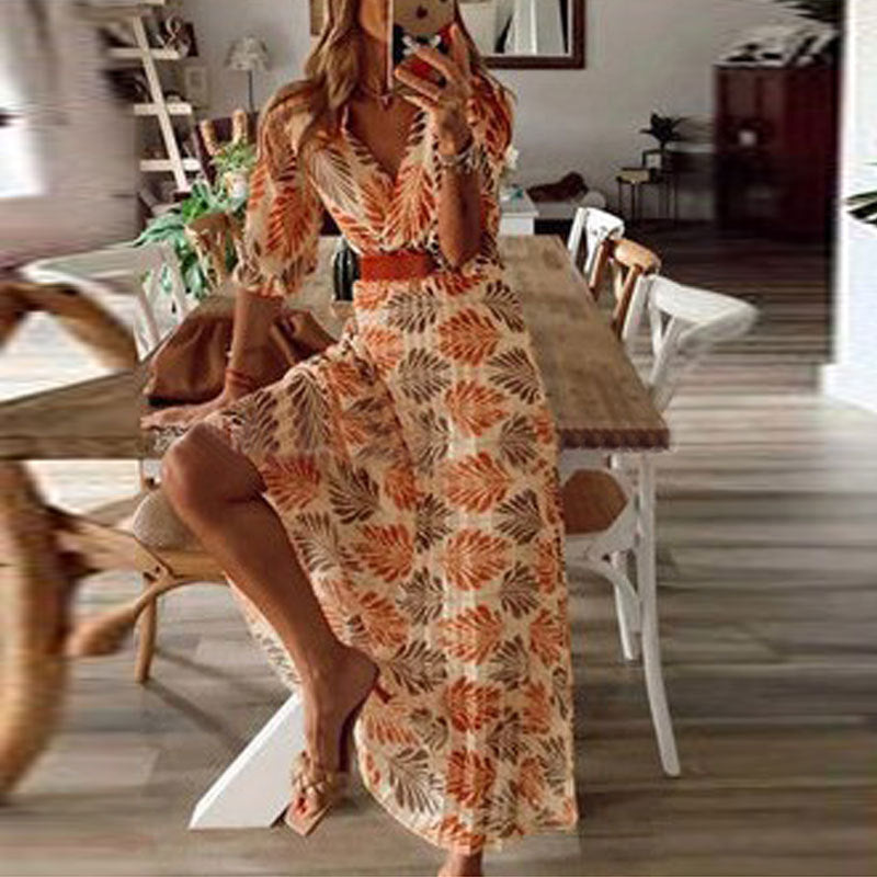 Damen Maxikleid mit botanischem Druck und eleganter Wickeloptik R&B
