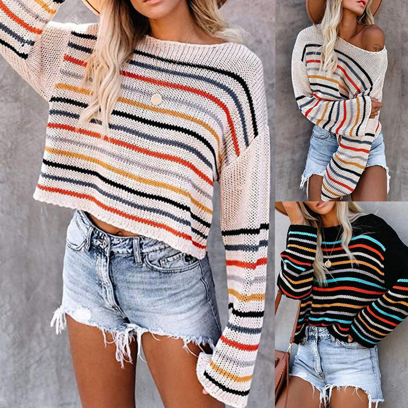 Damen Off-Shoulder Strickpullover mit buntem Streifenmuster R&B