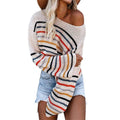 Damen Off-Shoulder Strickpullover mit buntem Streifenmuster R&B