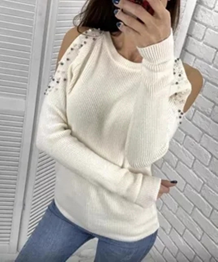 Damen modischer Strickpullover mit einzigartigen Schulterdetails und Perlendekoren R&B