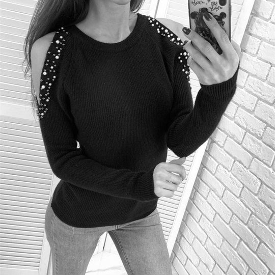 Damen modischer Strickpullover mit einzigartigen Schulterdetails und Perlendekoren R&B