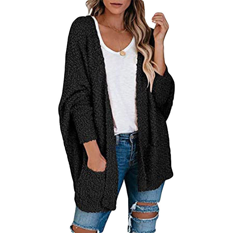 Damen gemütliche Strickjacke mit voluminösen Ärmeln und praktischen Taschen R&B