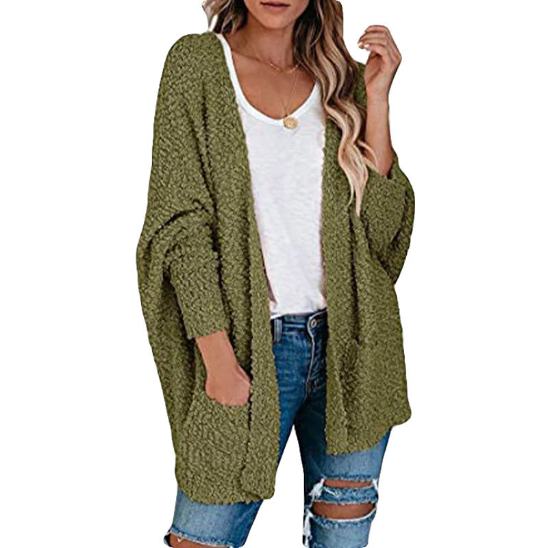 Damen gemütliche Strickjacke mit voluminösen Ärmeln und praktischen Taschen R&B