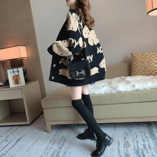 Damen oversized Strickjacke mit tierischem Design und Knopfverschluss R&B