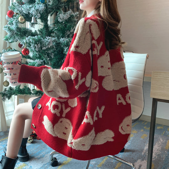 Damen oversized Strickjacke mit tierischem Design und Knopfverschluss R&B