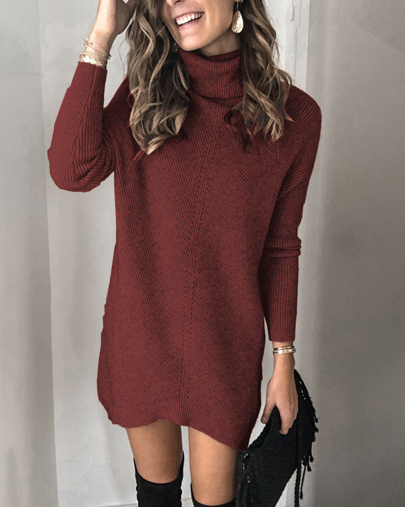 Damen Hobo-Sweaterkleid mit hohem Kragen und Rippstruktur R&B