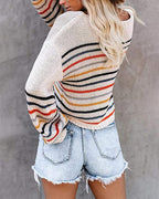 Damen Off-Shoulder Strickpullover mit buntem Streifenmuster R&B