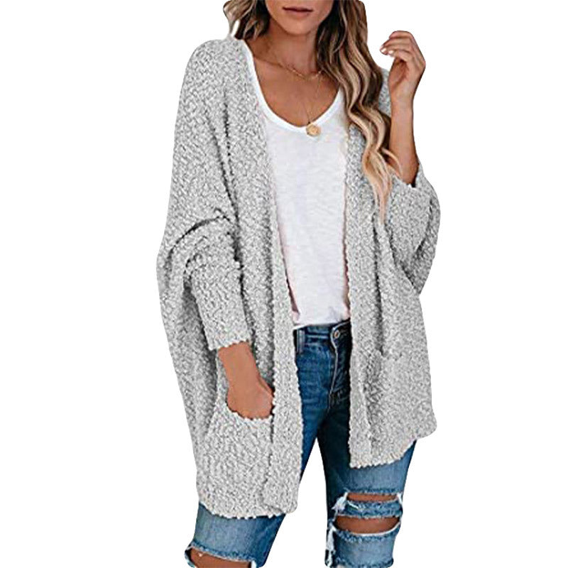 Damen gemütliche Strickjacke mit voluminösen Ärmeln und praktischen Taschen R&B