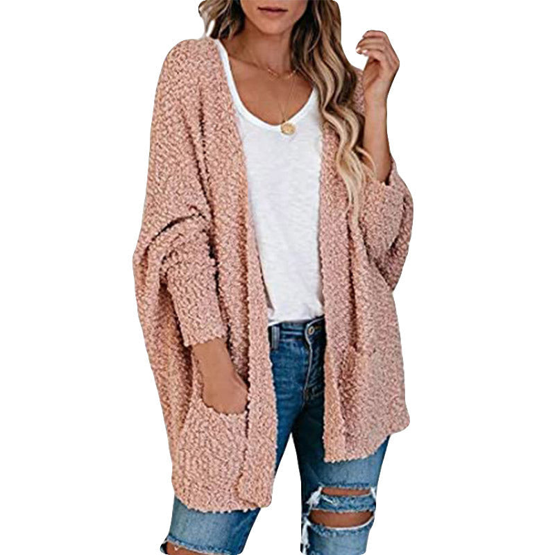 Damen gemütliche Strickjacke mit voluminösen Ärmeln und praktischen Taschen R&B
