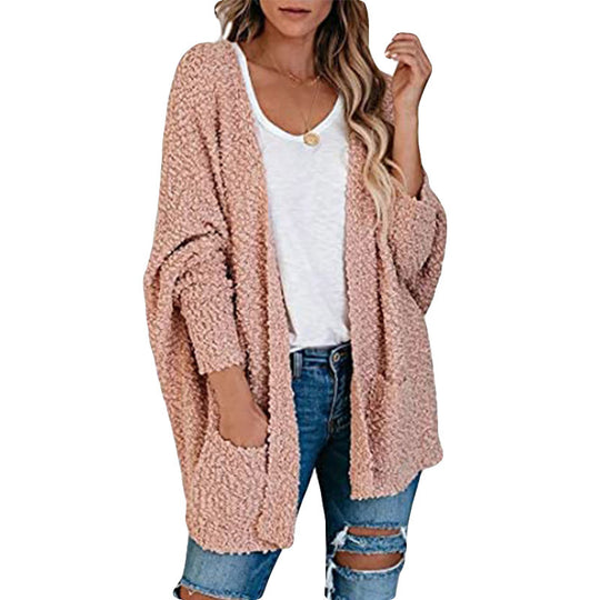 Damen gemütliche Strickjacke mit voluminösen Ärmeln und praktischen Taschen R&B