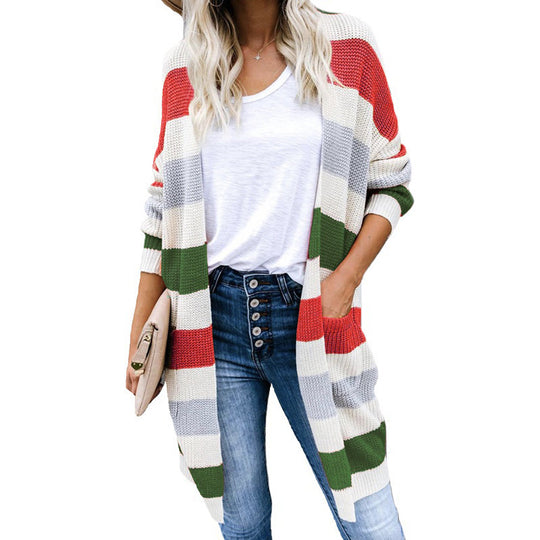 Damen Lässiger Strickmantel mit modernen Streifen und tiefen Taschen R&B
