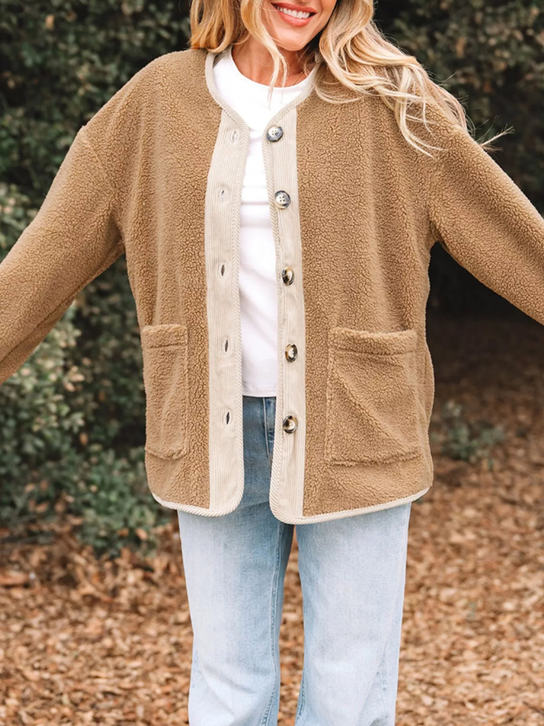 R&B | Damen Button-Front Sherpa Teddy Jacke