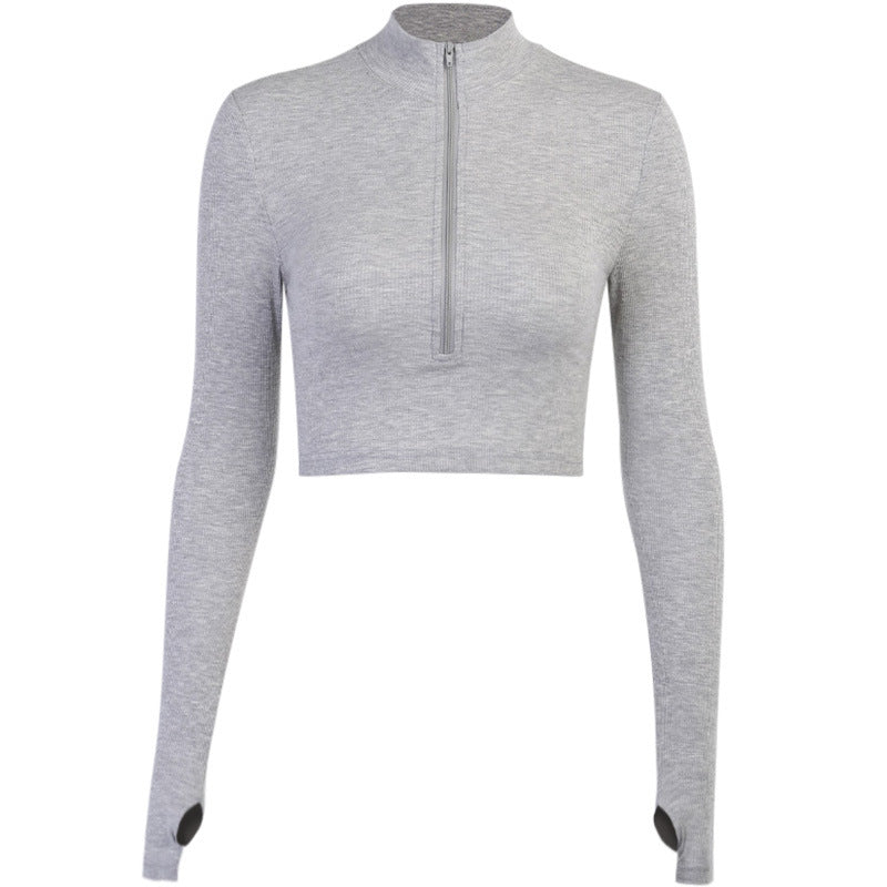 Damen trendiges Crop-Top mit hochgeschlossenem Reißverschluss und langen Ärmeln R&B