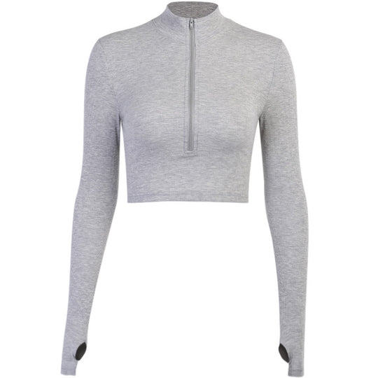 Damen trendiges Crop-Top mit hochgeschlossenem Reißverschluss und langen Ärmeln R&B