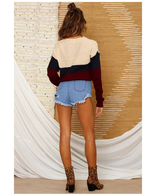 Damen Strickpullover mit modischem Blockstreifenmuster R&B