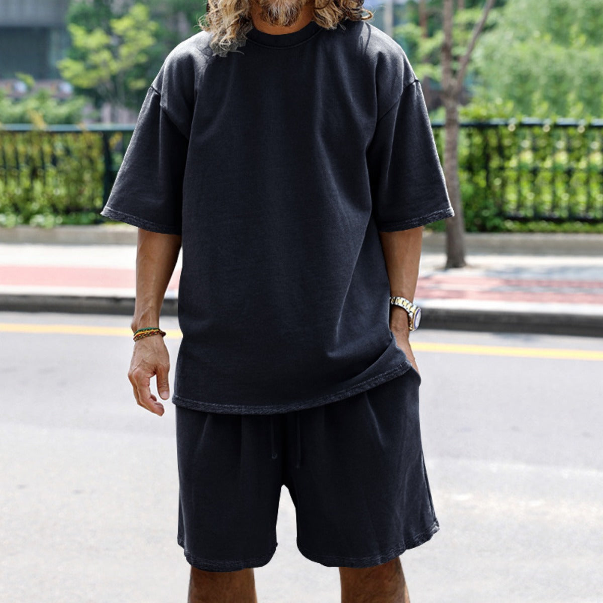R&B | Lockeres T-Shirt Shorts einfarbiges Set