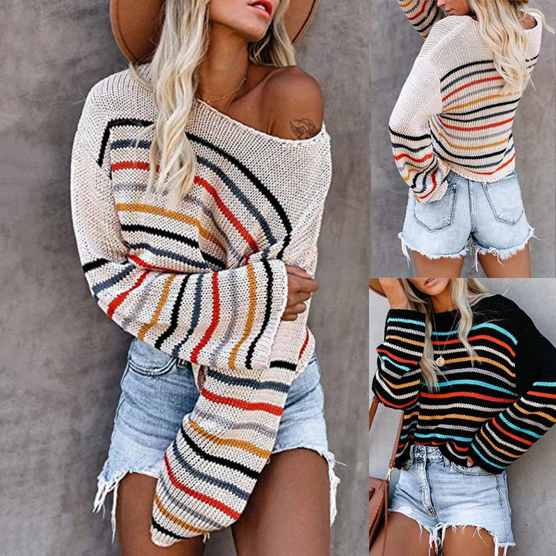 Damen Off-Shoulder Strickpullover mit buntem Streifenmuster R&B