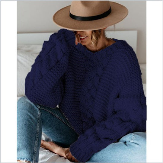Damen Grobstrickpullover mit Zopfmuster und weiten Ärmeln R&B