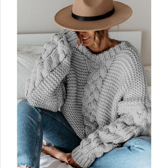 Damen Grobstrickpullover mit elegantem Zopfmuster und weitem Schnitt R&B