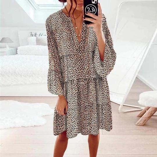 Damen lässiges Blusenkleid mit Volantärmeln und tierischem Muster R&B