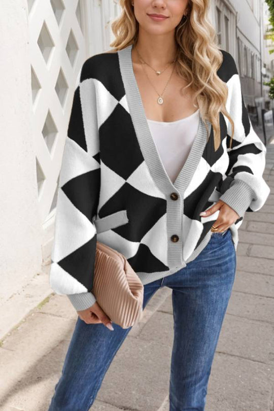 R&B | Hals Diamantstich Kontrastfarbe Lockere Gestrickte Cardigan Jacke für Frauen