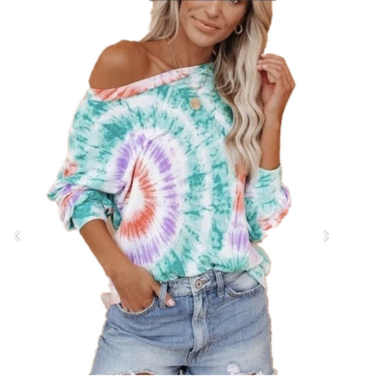 Damen lässiges und stylisches Off-Shoulder Sweatshirt im Tie-Dye-Design R&B