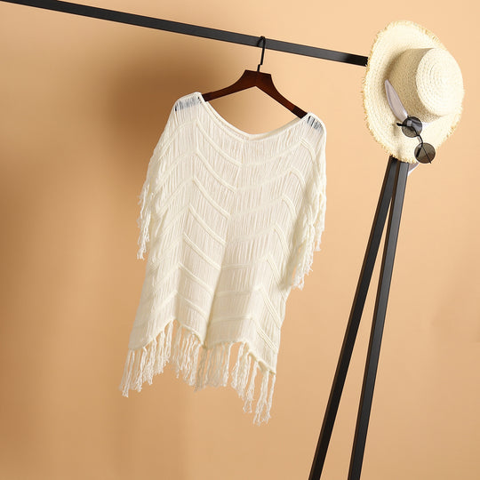 Damen luftiger Häkel-Strandponcho mit Fransen und elegantem Design R&B