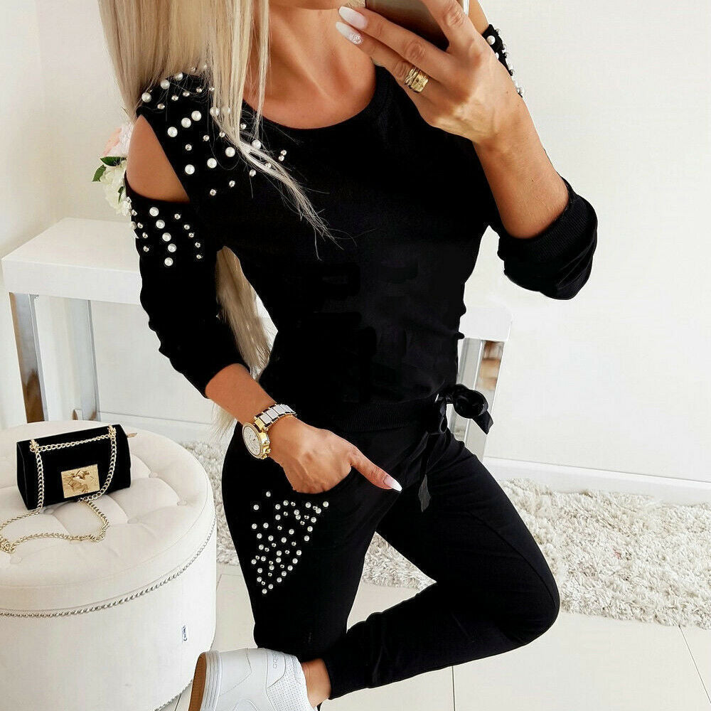 Damen eleganter Freizeitanzug mit schicken Cut-Outs und perlverzierten Ärmeln R&B